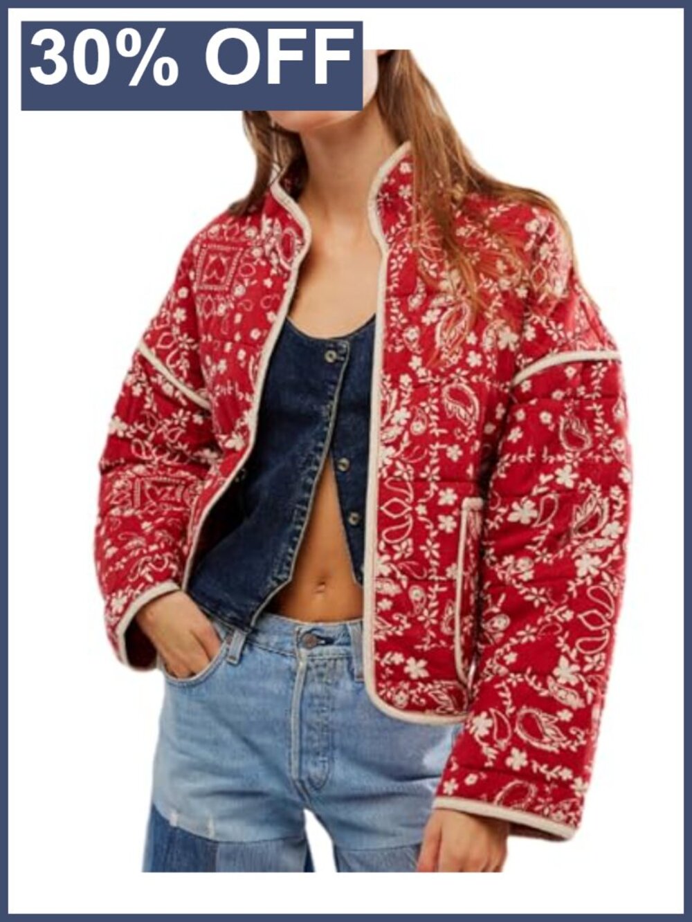 Women's Quilted Cropped Puffer Jacket Reversible Floral Vintage Coat
